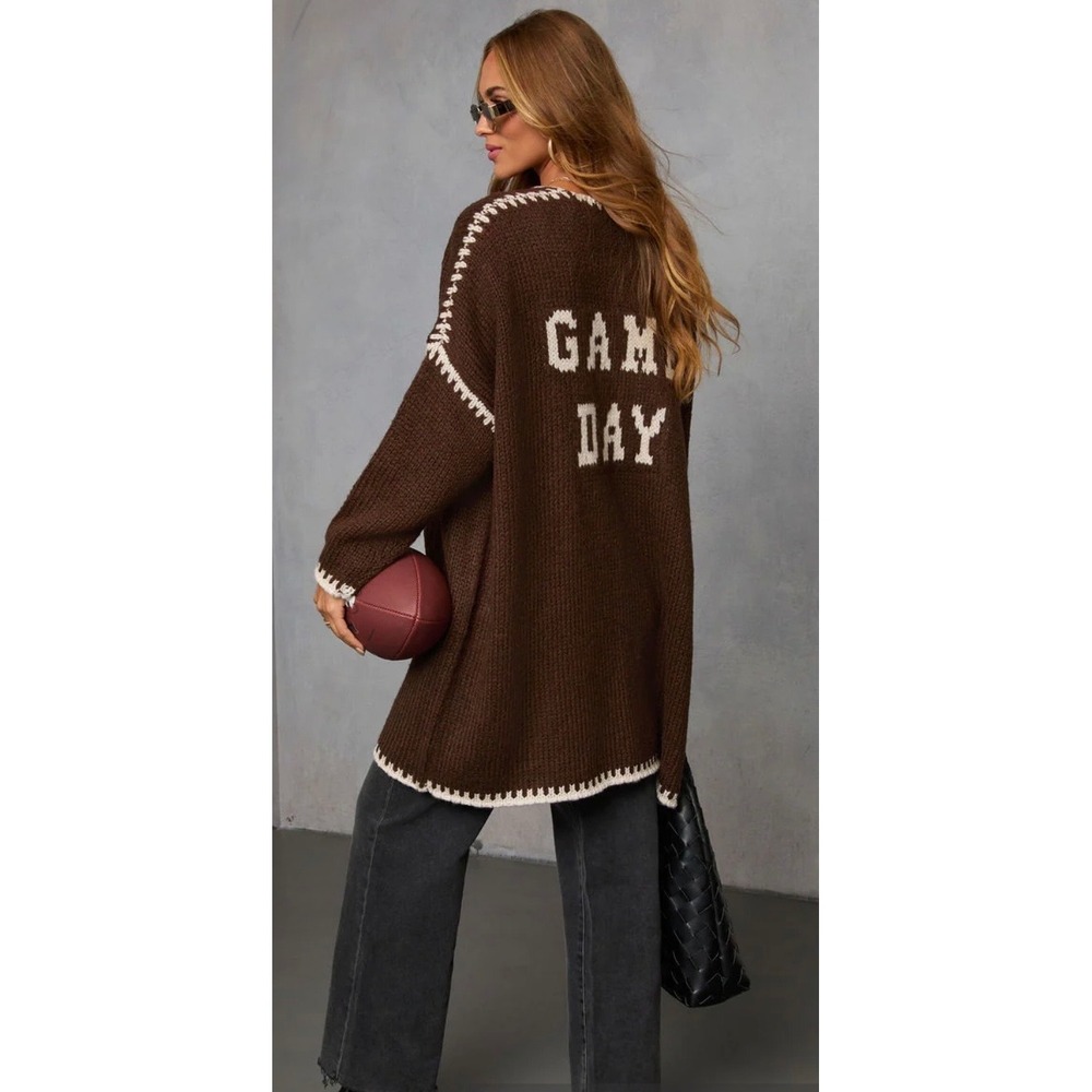 Vintage Havana Game‎ Day Cardigan Sweater Brown Wool Blend Oversized B13427 OS